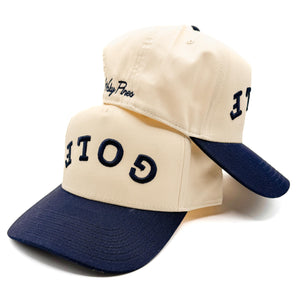 Tan & Navy "GOLF" Trucker Hat | Backwards Lettering | #18 Chair on the Green | Cowboy Concert | Country Club Golf Cap | Dad Life | Golfer