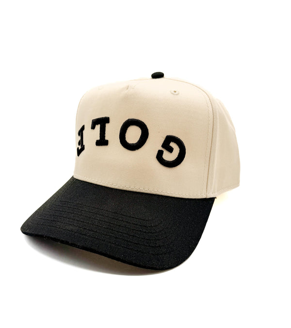 Tan & Black "GOLF" Trucker Hat | Backwards Lettering | #18 Chair on the Green | Cowboy Concert | Country Club Golf Cap | Dad Life | Golfer