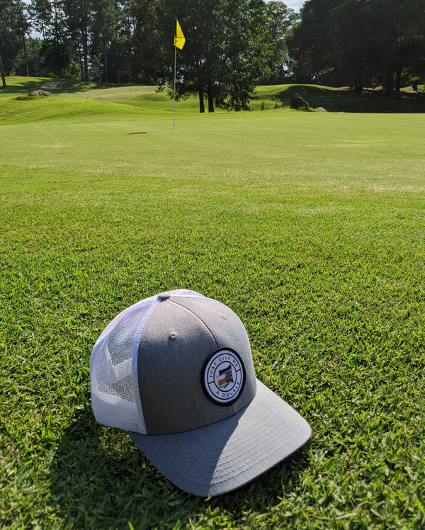 Grey & White "Just Give Me a Double" Hat | Georgia Course Trucker | Beer Whiskey Drinking | Summer | Patch | Golf Cart | Scorecard