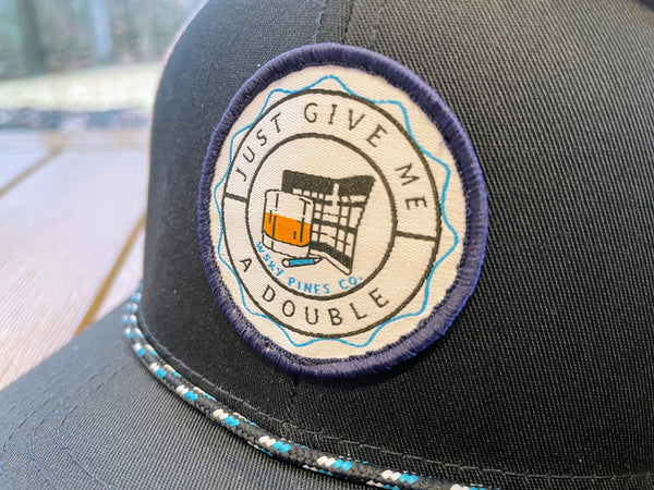 Dark Navy & White "Just Give Me a Double" Rope Trucker Hat | Georgia Golf Course | Beer Whiskey Drinking | Summer | Patch | Cart | Scorecard