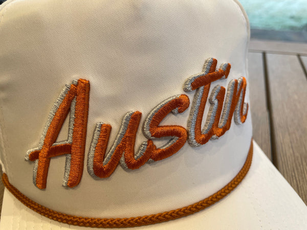 White "Austin, TX" Rope Hat | 3D embroidery | College Football | Rope Golf Cap | Saturdays | Gameday | Longhorns Cattle