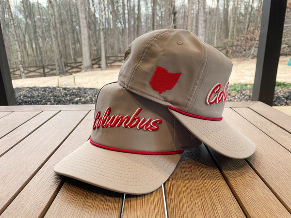Gray "Columbus, OH" Rope Hat | 3D embroidery | College Football | Tradition | Rope Golf | Saturdays | Buckeye | Ohio St. the state