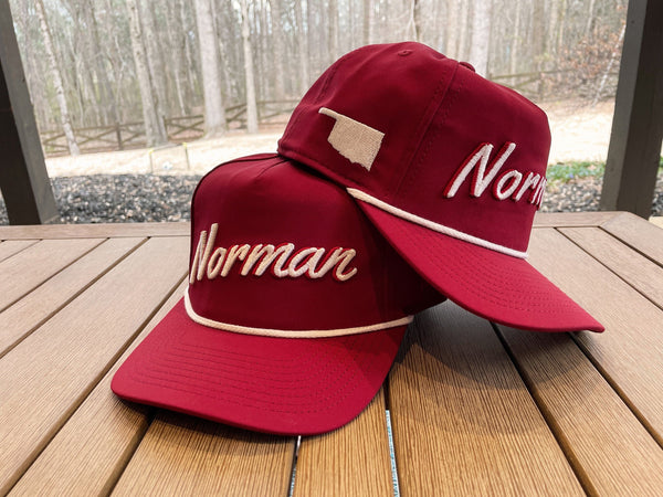 Crimson &quot;Norman, OK&quot; Rope Hat | 3D embroidery | College Football | Tradition | Rope Golf Cap | Boomer Sooner | Oklahoma | Sooners