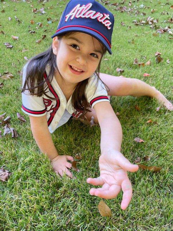 Kids Size Navy "Atlanta" Rope Hat | Baseball Trucker Hat | Tomahawk Chop | 3D Embroidered | Golf | ATL | Cap | Father's Day