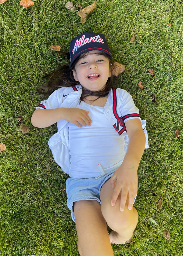 Kids Size Navy "Atlanta" Rope Hat | Baseball Trucker Hat | Tomahawk Chop | 3D Embroidered | Golf | ATL | Cap | Father's Day