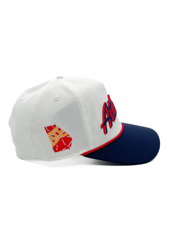 White & Navy "Atlanta" Rope Hat | Baseball Trucker Hat | Tomahawk Chop | 3D Embroidered | Golf | ATL | Cap | Father's Day